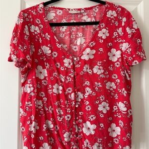 SO Red Floral Button-Front Tie bottom Blouse